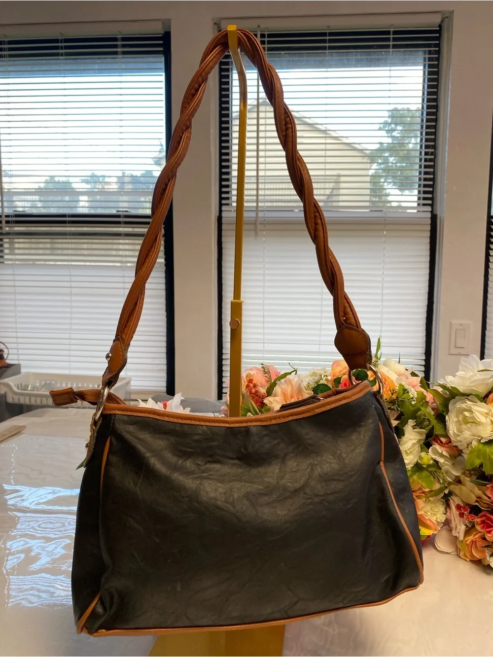 Rosetti Black Cognac Belted Hardware Hobo Satchel Shoulder Bag